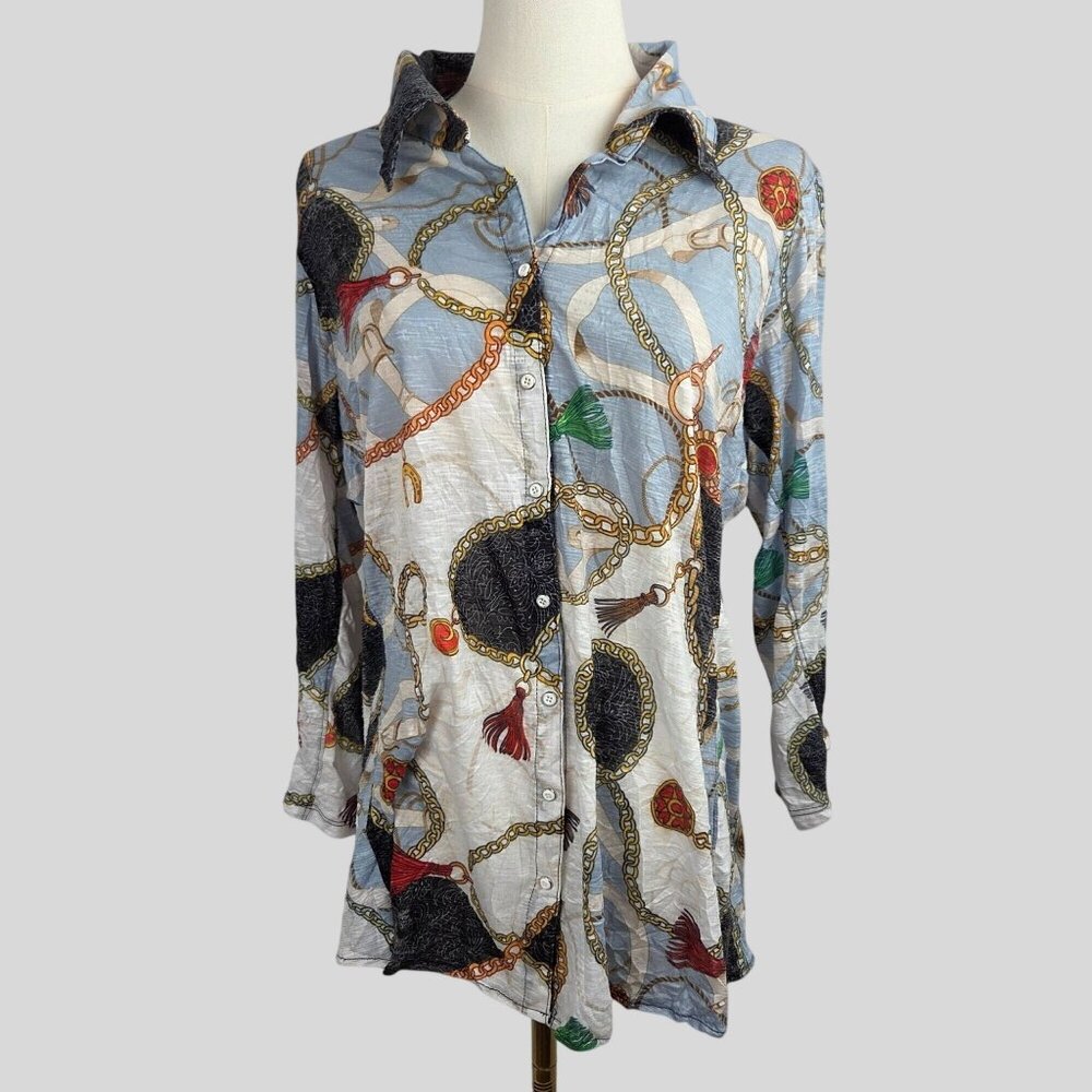 David Cline Shirt XL Snap Front Equestrian Chain Print Long  Sleeve USA Blue